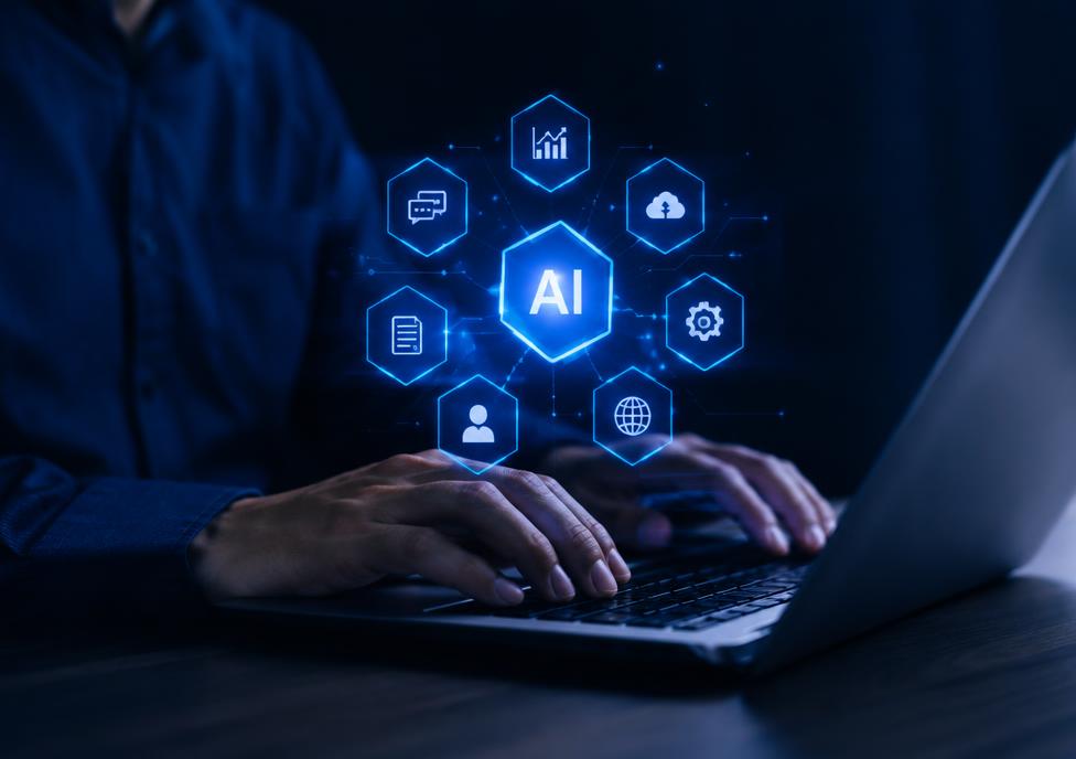 Glowing AI interface above a laptop